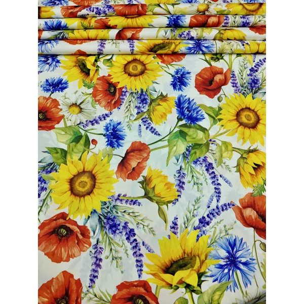 vízlepergetős mintás Sunshine anyag /vadvirágok (margaréta 10,4cm×7cm) /fehér