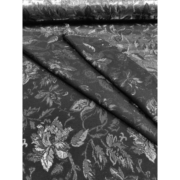 lurex szállal szőtt jacquard szövet /nagy virágok levelekkel (legnagyobb virág 10.5cm×9cm) /fekete-ezüst