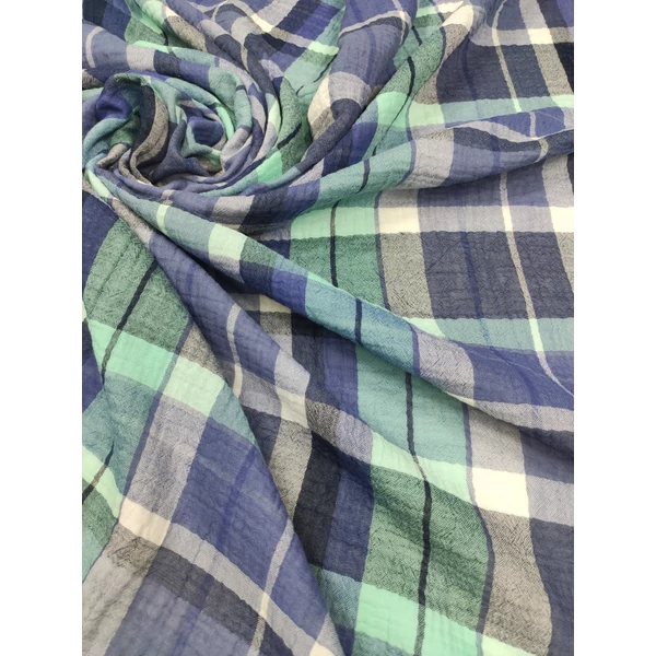 mintás pamut dupla géz /kockás (menta sáv 2,7cm) /menta-kék(FÉLMÉTER)