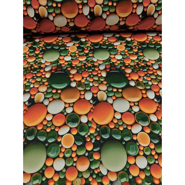 vízlepergetős mintás vastag vászon /canvas /narancs-smaragdzöld kavicsok (nagy narancssárga kavics 4,6cm×5,8cm) /sötétzöld