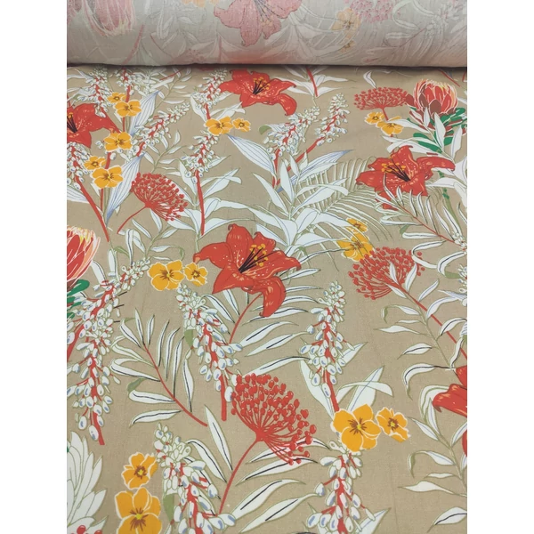 mintás len /piros-sárga nagy virágok (piros liliom 11.5cm×11.2cm) /drapp(FÉLMÉTER)