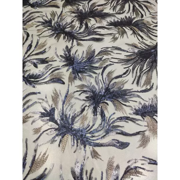 flitteres mintás tüll /kék-drapp virágok (egy virág 13cm×15cm) /fekete