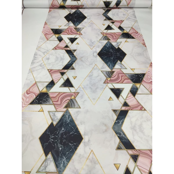 mintás HEKTOR vízhatlan anyag /80cm széles /fekete-rózsaszín geometriai mintás (nagyobb fekete háromszög 6x6cm) /világosszürke márvány(FÉLMÉTER)