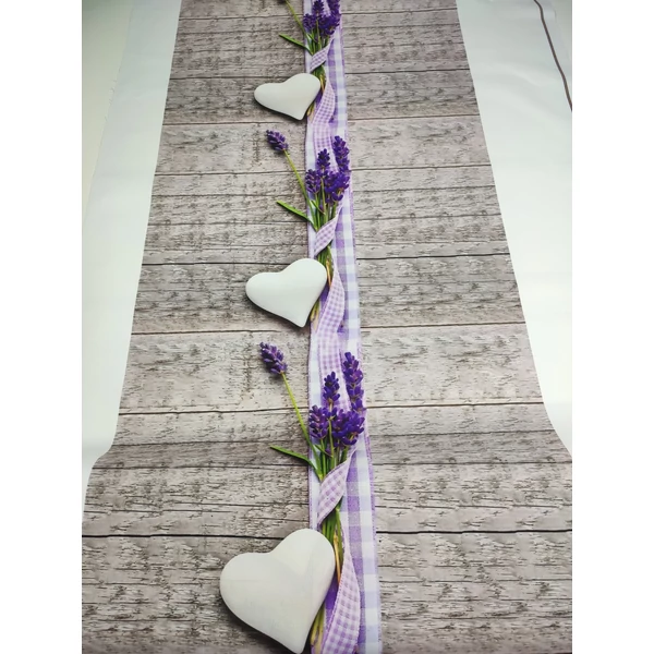 mintás HEKTOR vízhatlan anyag /80cm széles /levendula az asztalon (fehér szív 12.2x11.5)(FÉLMÉTER)