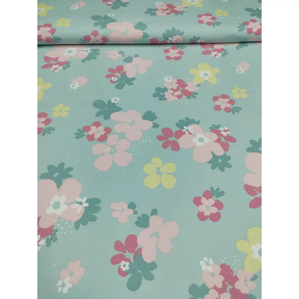 egyoldalas mintás frottír /pasztell virágok (legnagyobb sárga virág 6cm×5.7cm) /világos menta(FÉLMÉTER)
